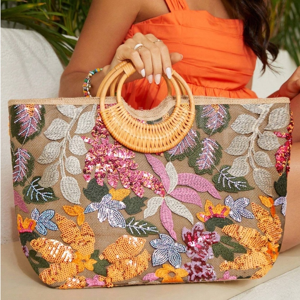 Sequined Floral Decorated Straw Tote Bag Bamboo Handle